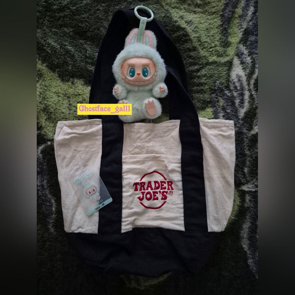 PopMart QuQu Have A Seat Labubu & Trader Joe's Mini Canvas Tote Bag